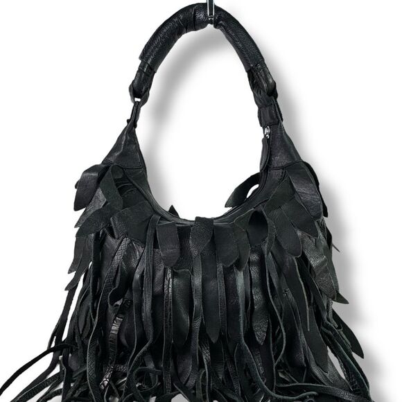 Bohemian Fringe Western Cowgirl Cowboy Rodeo Black Leather Hobo Shoulder Bag - Picture 5 of 12